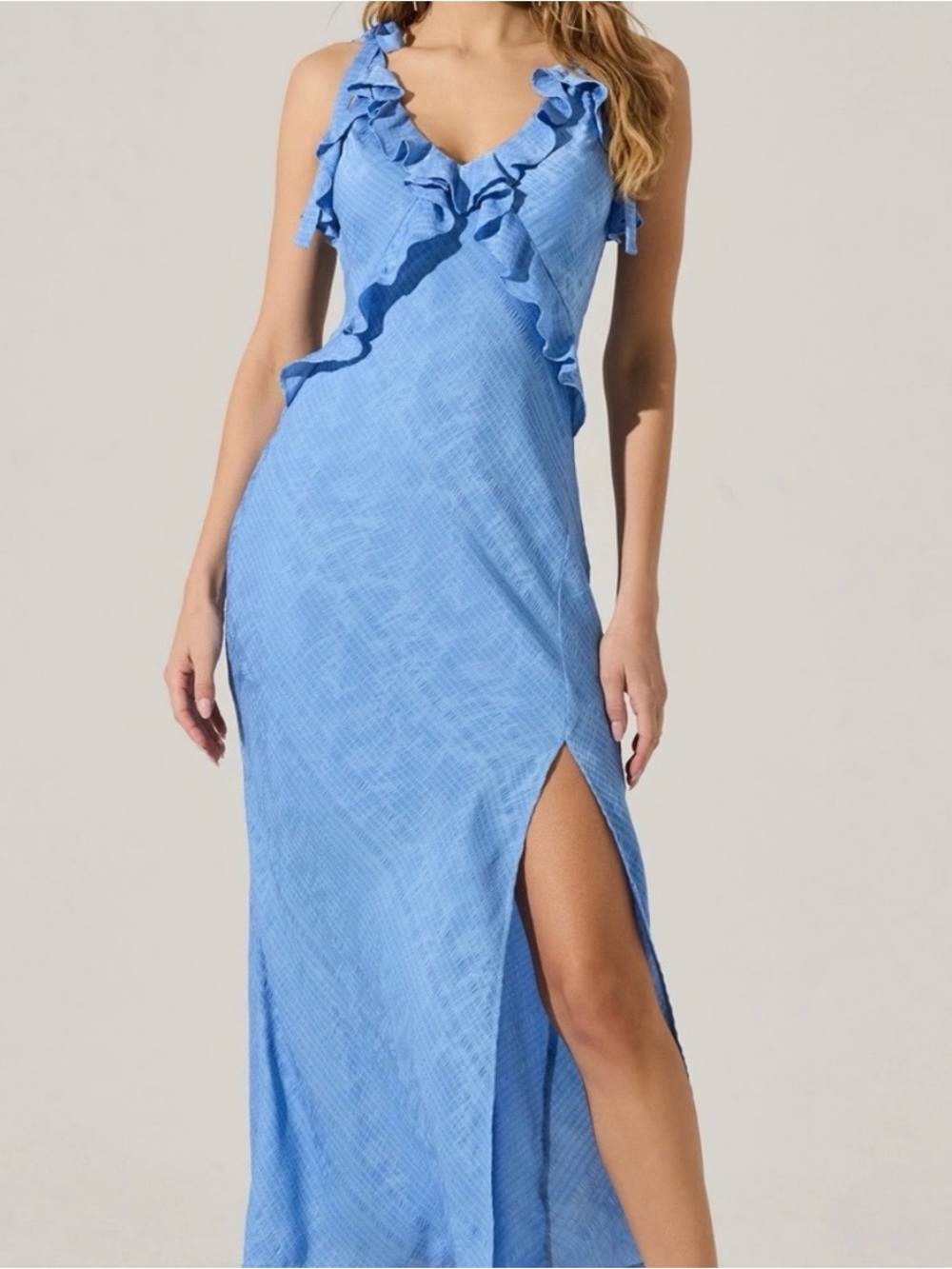 Astr Ruffle V-Neck Maxi Dress in Light Blue